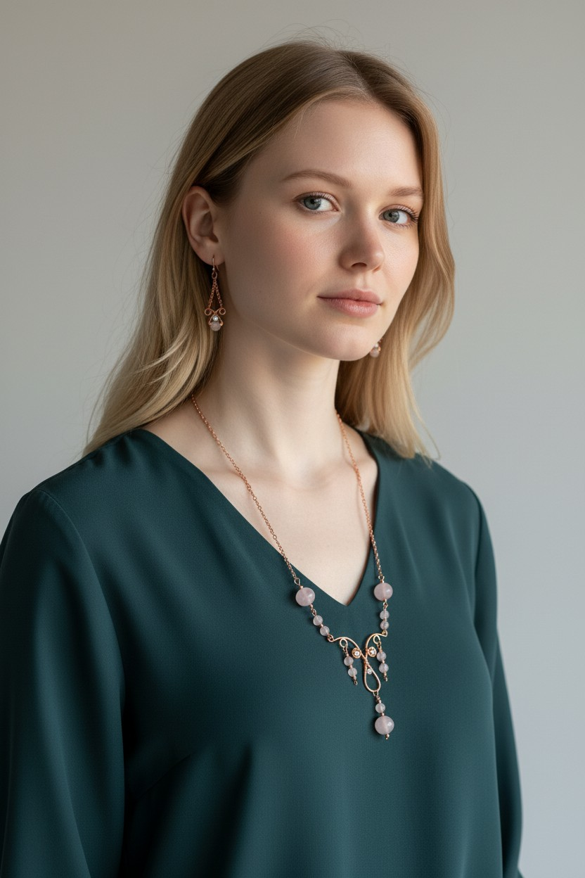 Copper rose quartz necklace set.