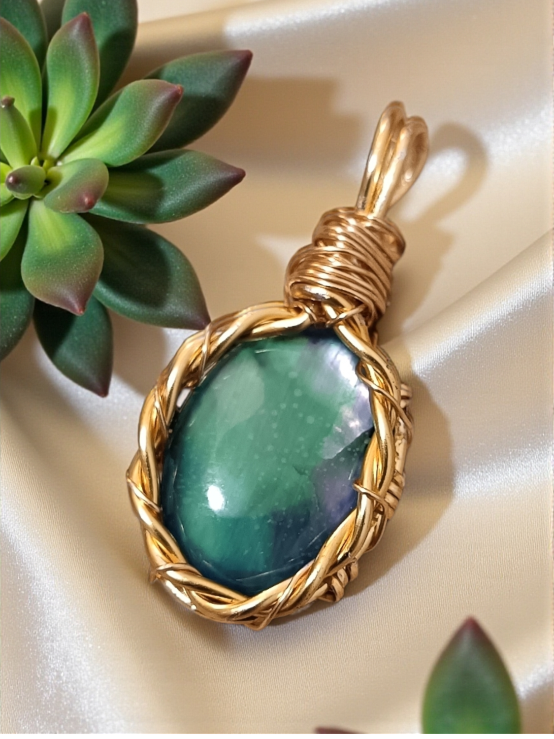 Abalone Shell Cabochon Wire-Wrapped Pendant Necklace | Gold Tone | Black Cord