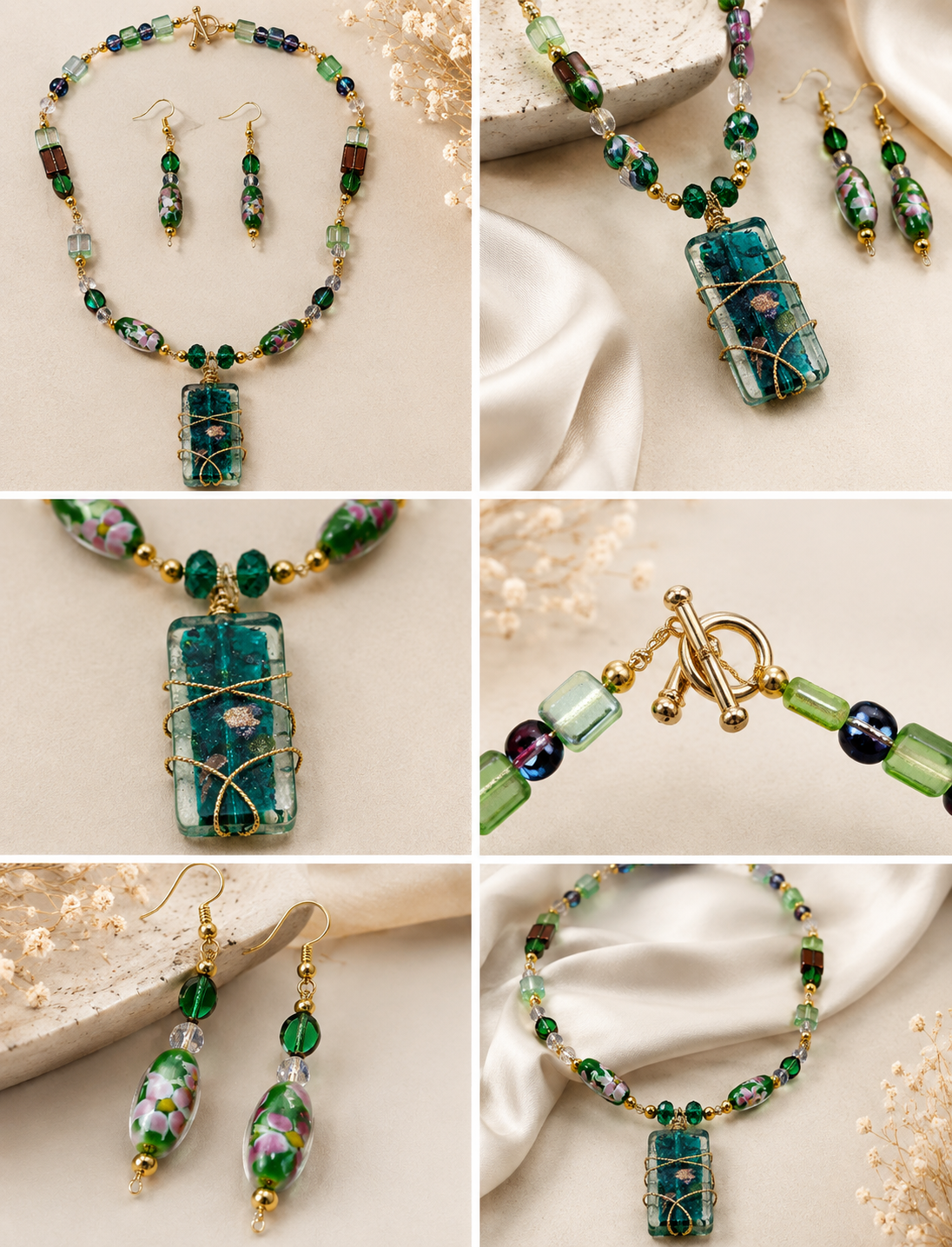 Green Crystal & Gemstone Wire-Wrapped Necklace & Earring Set