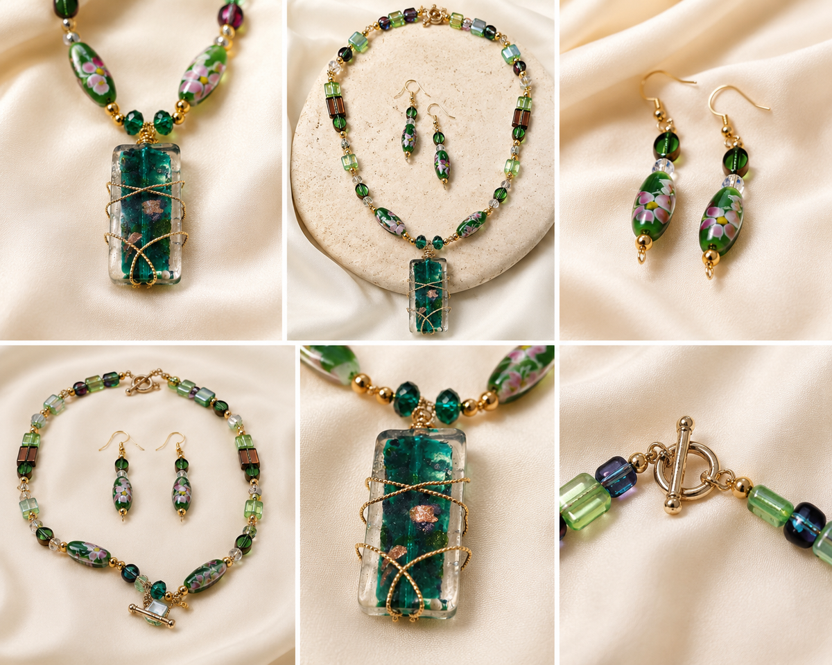 Green Crystal & Gemstone Wire-Wrapped Necklace & Earring Set