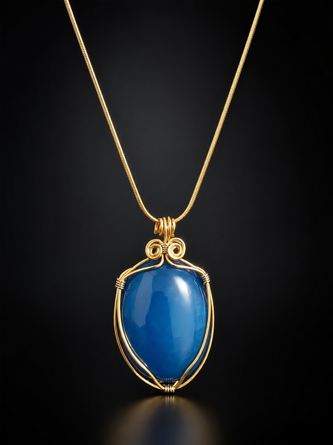 Blue Cabachon Wire Wrapped Pendant – Gold Wire Necklace