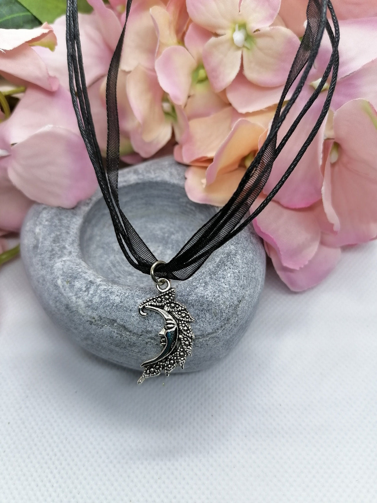 Crescent moon face necklace