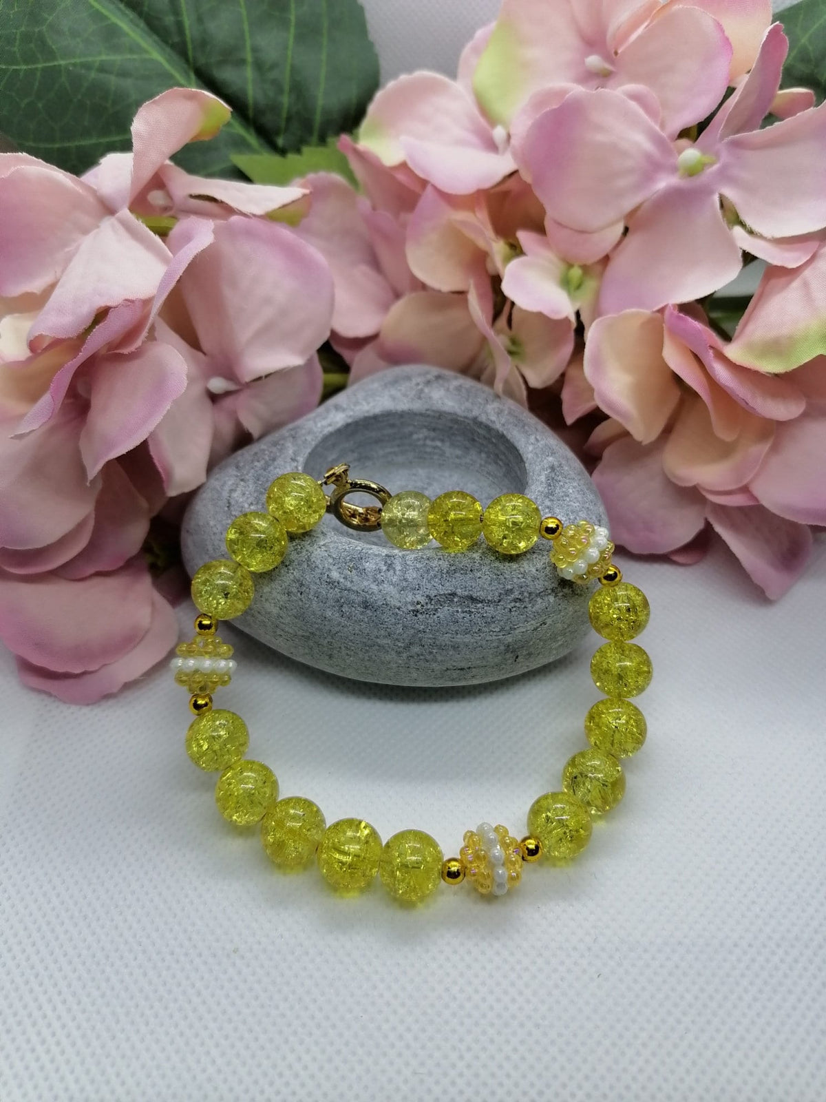 Yellow Glass Beaded Bracelet with Gold T-Bar Clasp