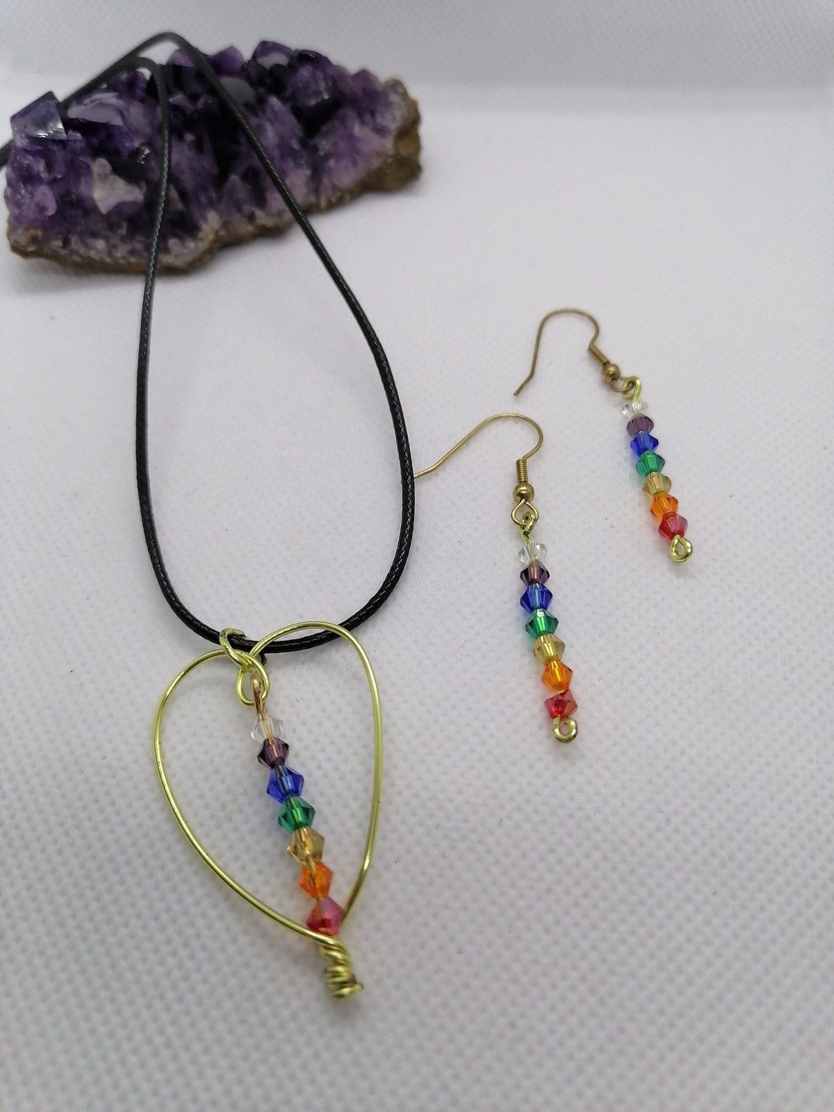 Chakra Heart Necklace and Earrings Set - Gold Non Tarnish Wire