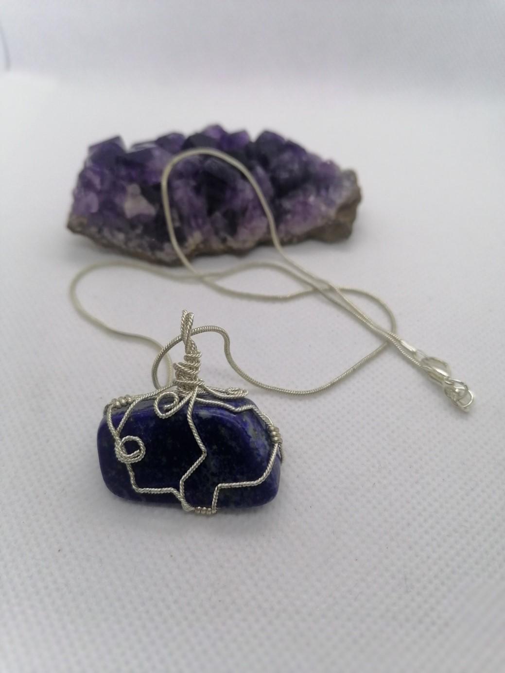 Lapis Lazuli Necklace – Wire Wrapped Gemstone Pendant on Sterling Silver Chain