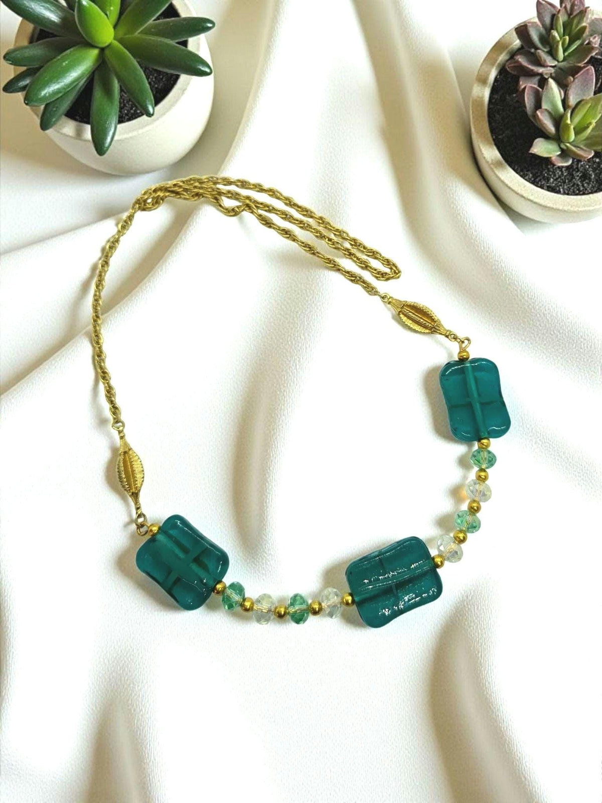 Green Glass Bead Half Moon Necklace – Unique Crescent Pendant Jewellery