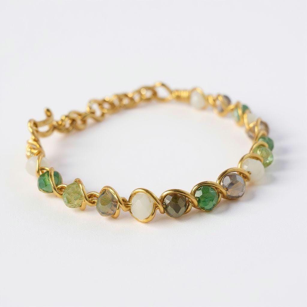 Gold Wire Wrapped Bangle with Green Beads | Bracelet | Gift for Her