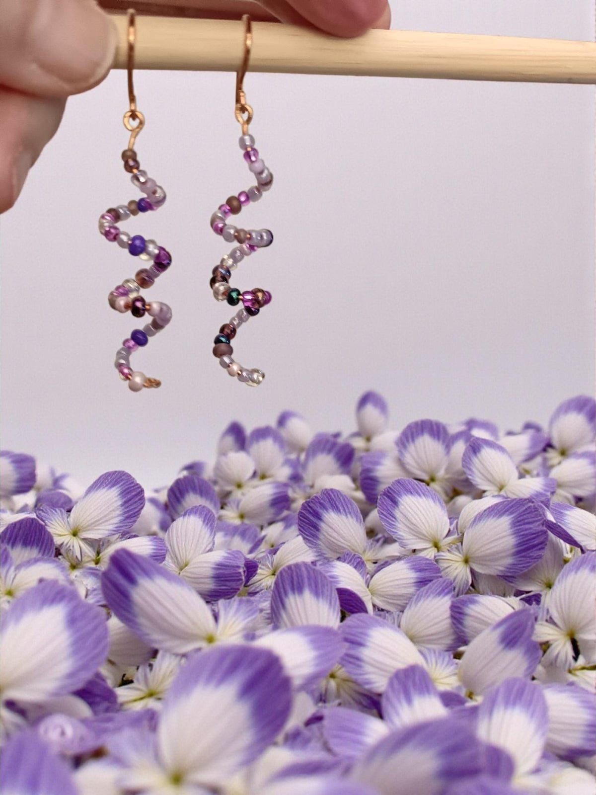 Purple Spiral Wire Wrapped Beaded Dangle Earrings