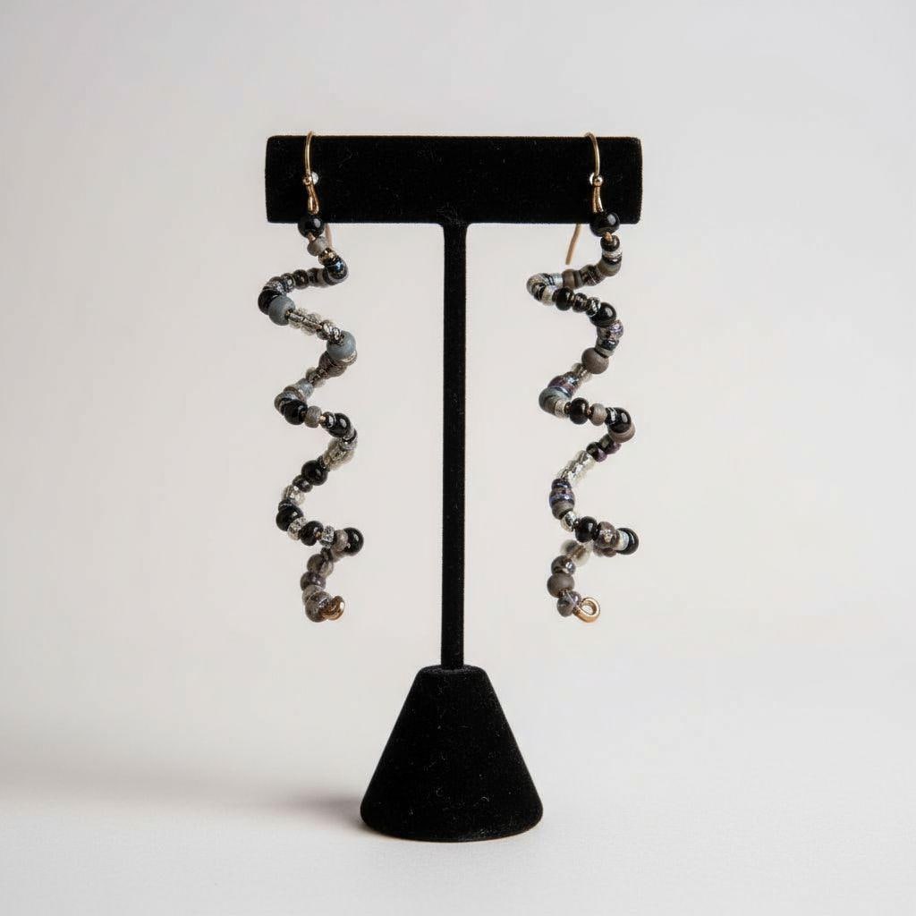 Black tone Spiral Wire Wrapped Beaded Dangle Earrings