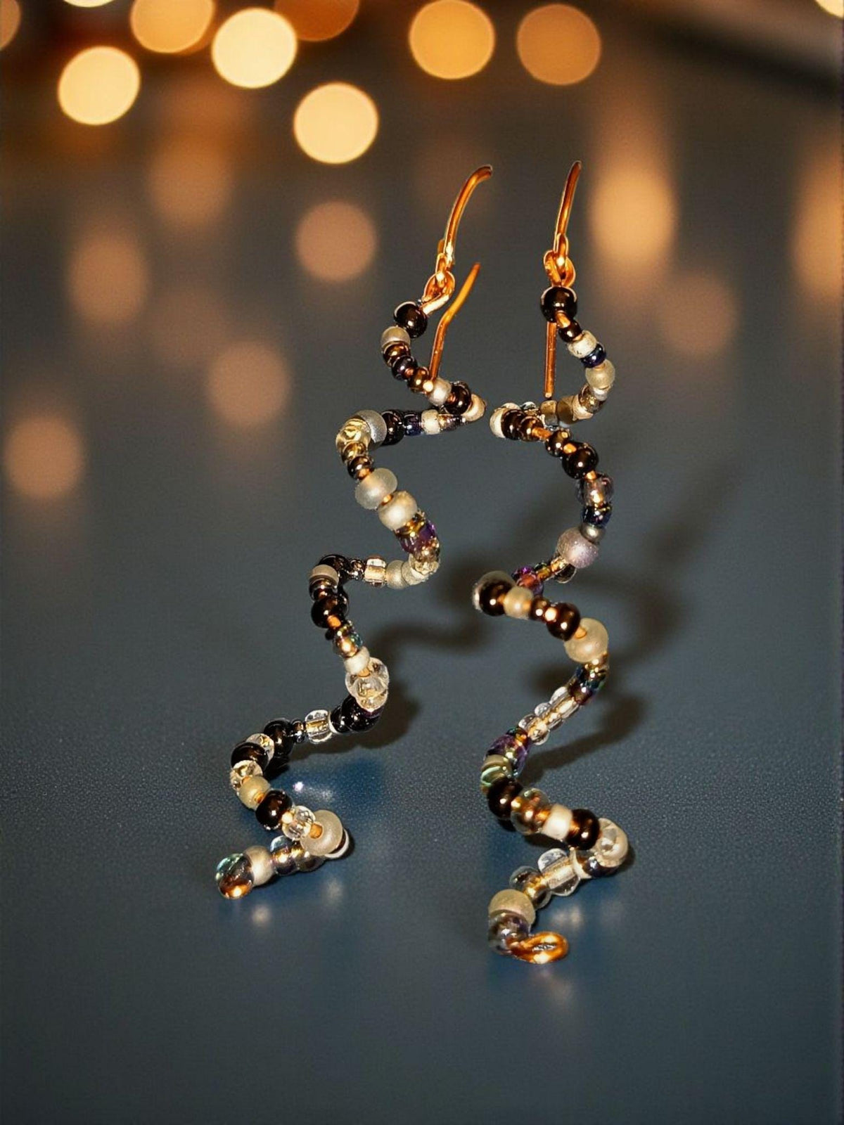 Black tone Spiral Wire Wrapped Beaded Dangle Earrings