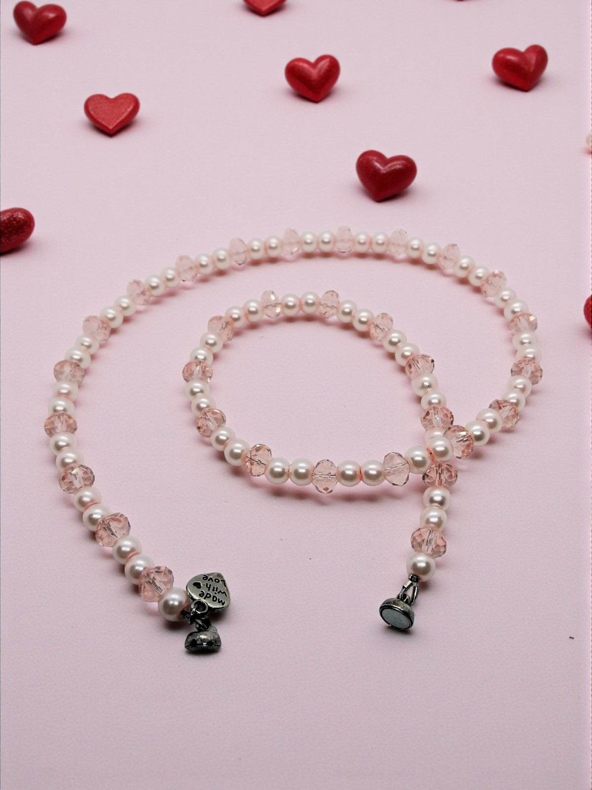 Elegant Pink Faux Pearl and Crystal Necklace