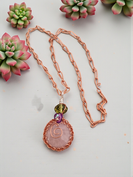 Handmade Rose Quartz Copper Wire Wrapped Necklace