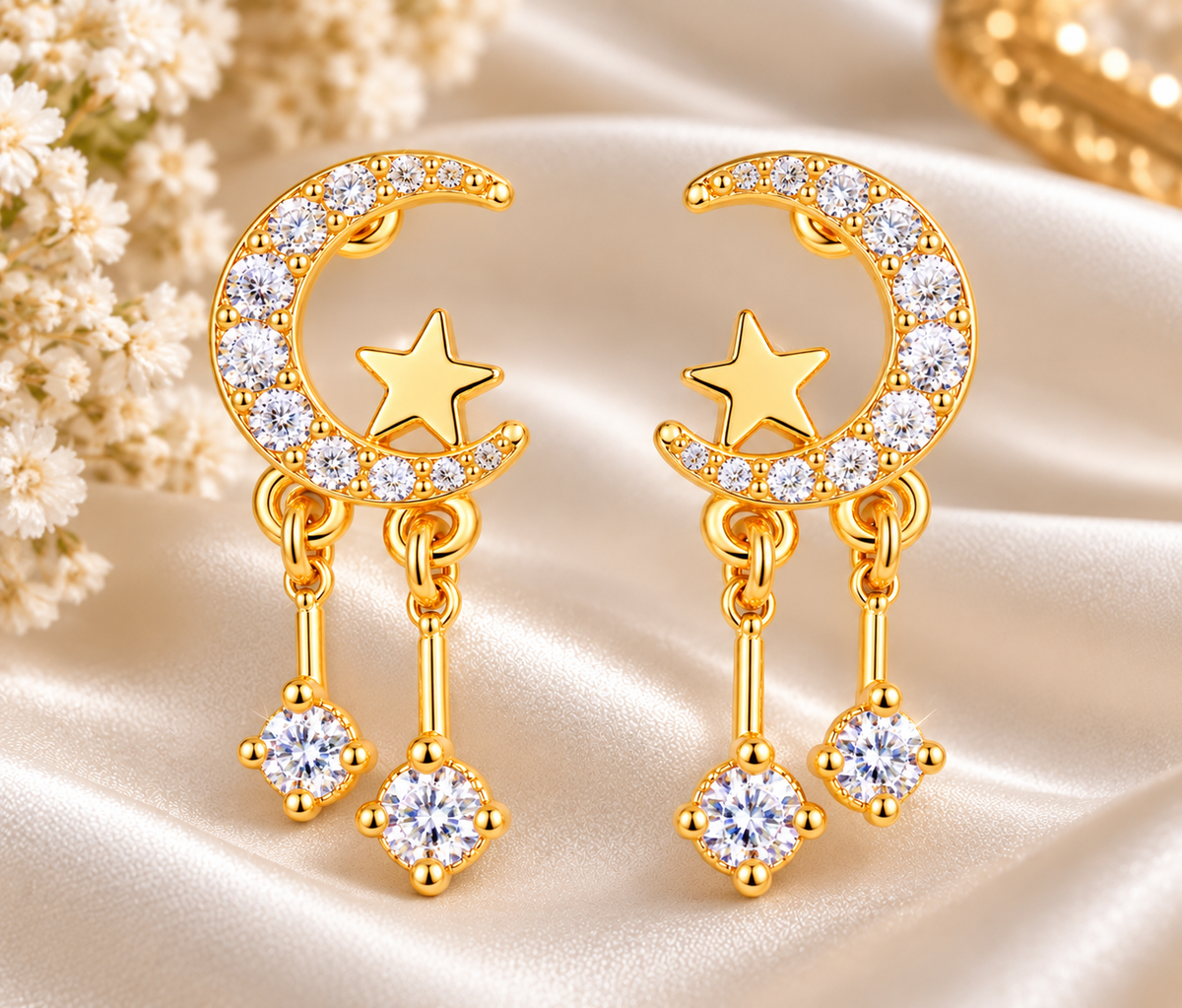 Celestial Moon & Star Crystal Drop Earrings