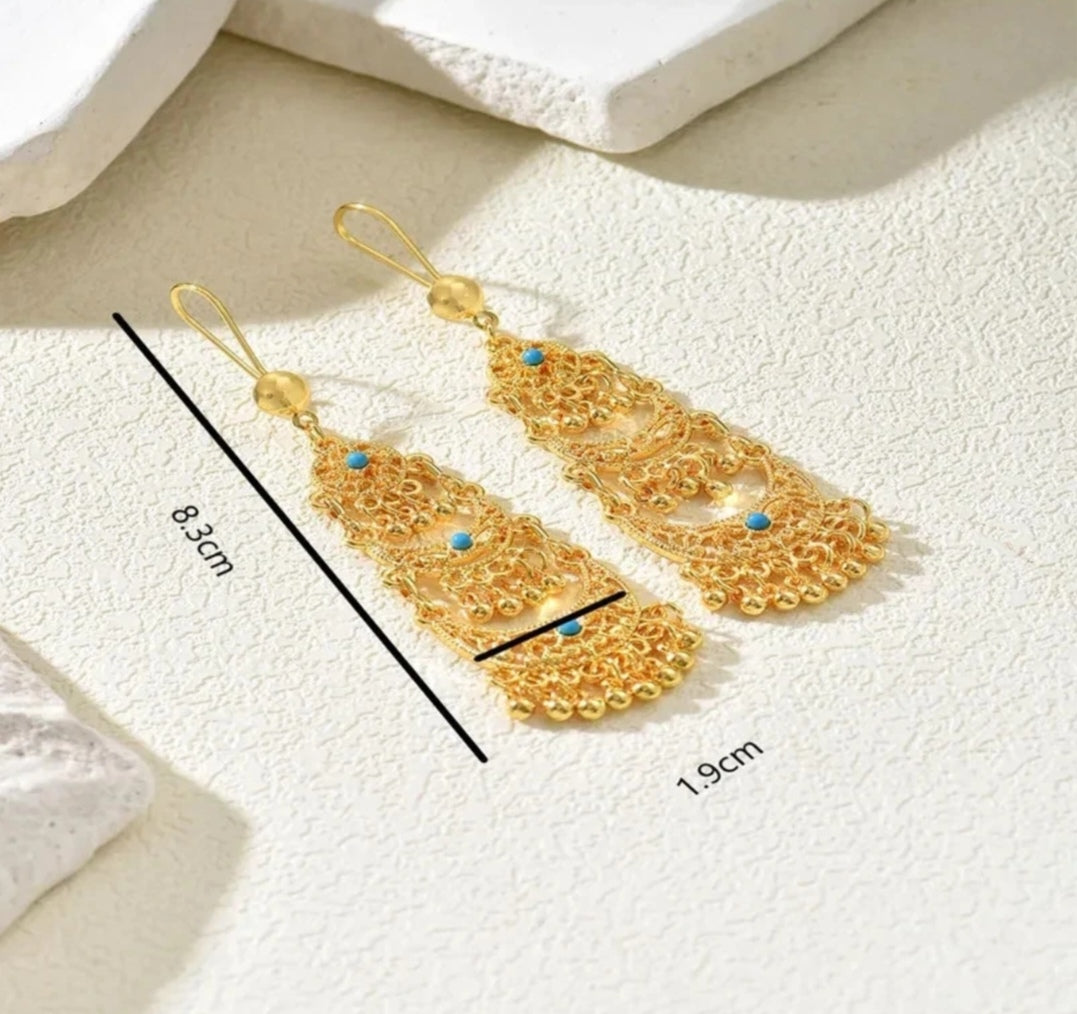 Gold Filigree Chandelier Drop Earrings with Turquoise Stones