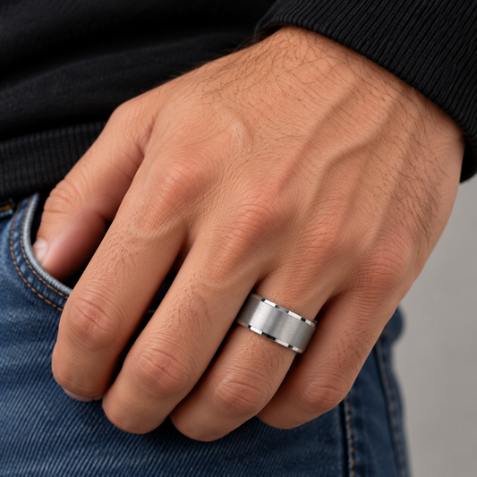 Men’s Brushed Silver-Tone Titanium Steel Ring – Size 10