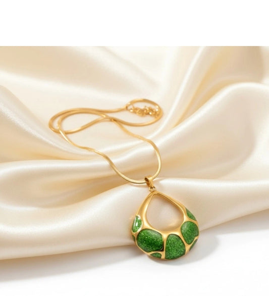 Gold & Green Enamel Teardrop Pendant Necklace