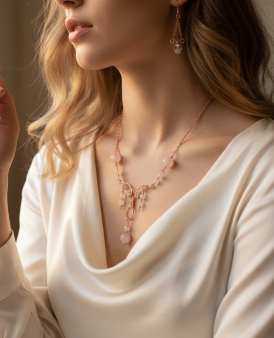 Copper rose quartz necklace set.
