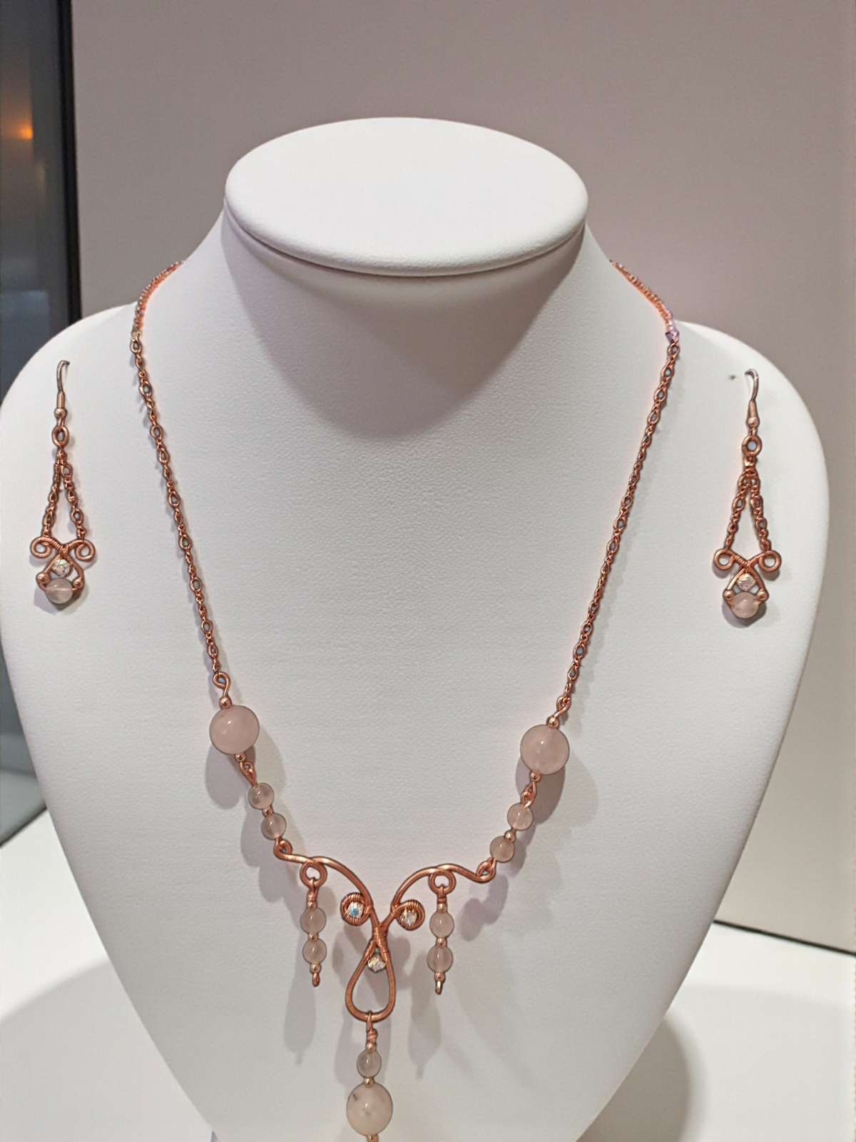 Copper rose quartz necklace set.