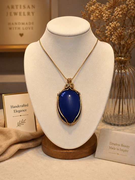Blue Cabachon Wire Wrapped Pendant – Gold Wire Necklace