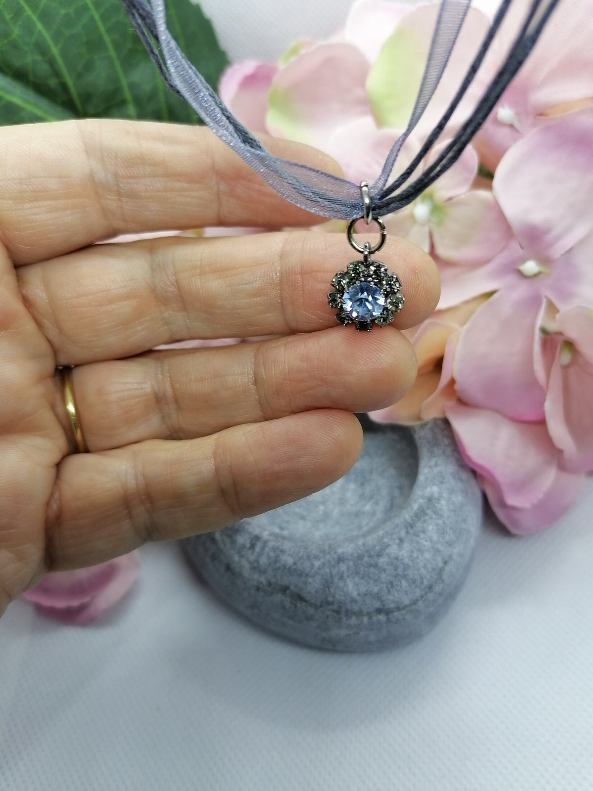 Crystal pendant on cord /organza necklace.