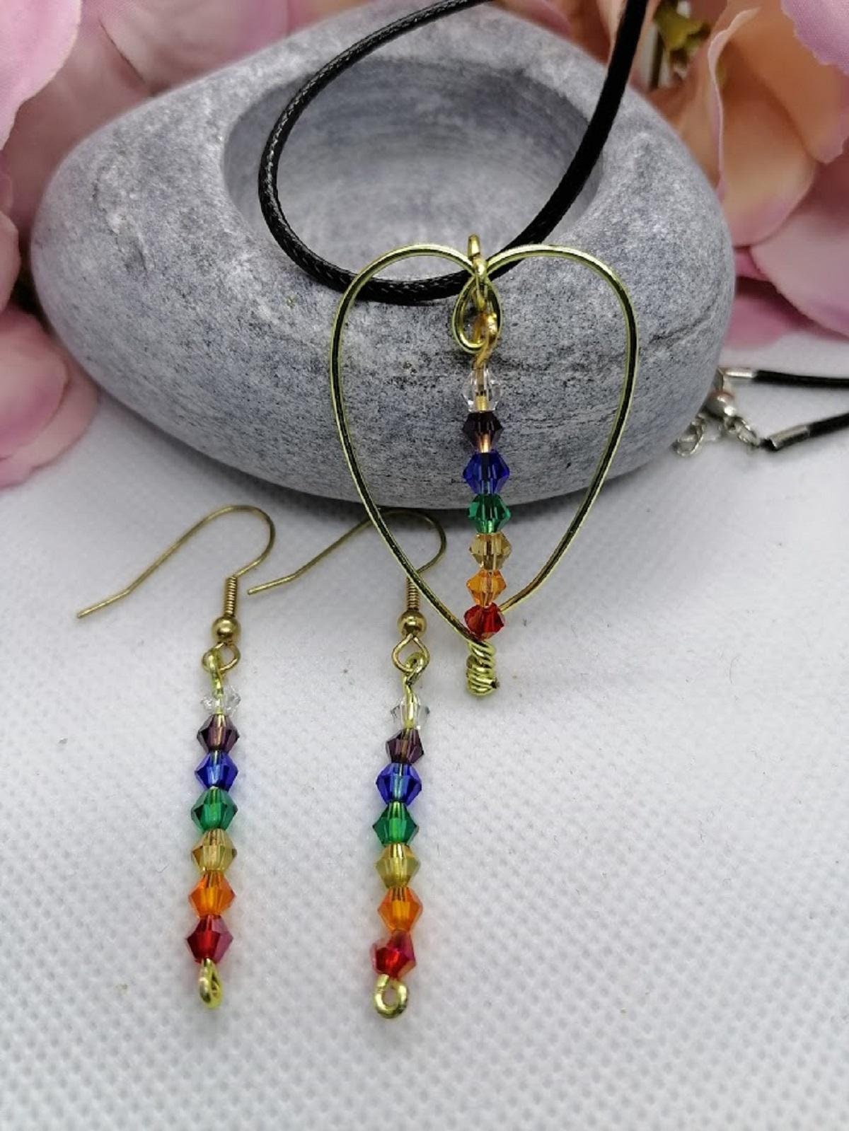 Chakra Heart Necklace and Earrings Set - Gold Non Tarnish Wire