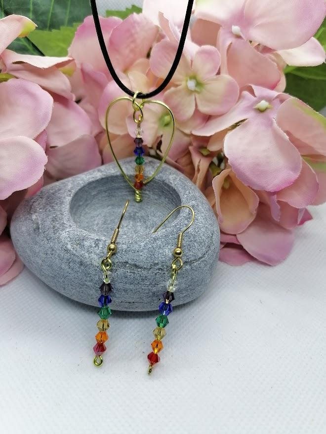 Chakra Heart Necklace and Earrings Set - Gold Non Tarnish Wire