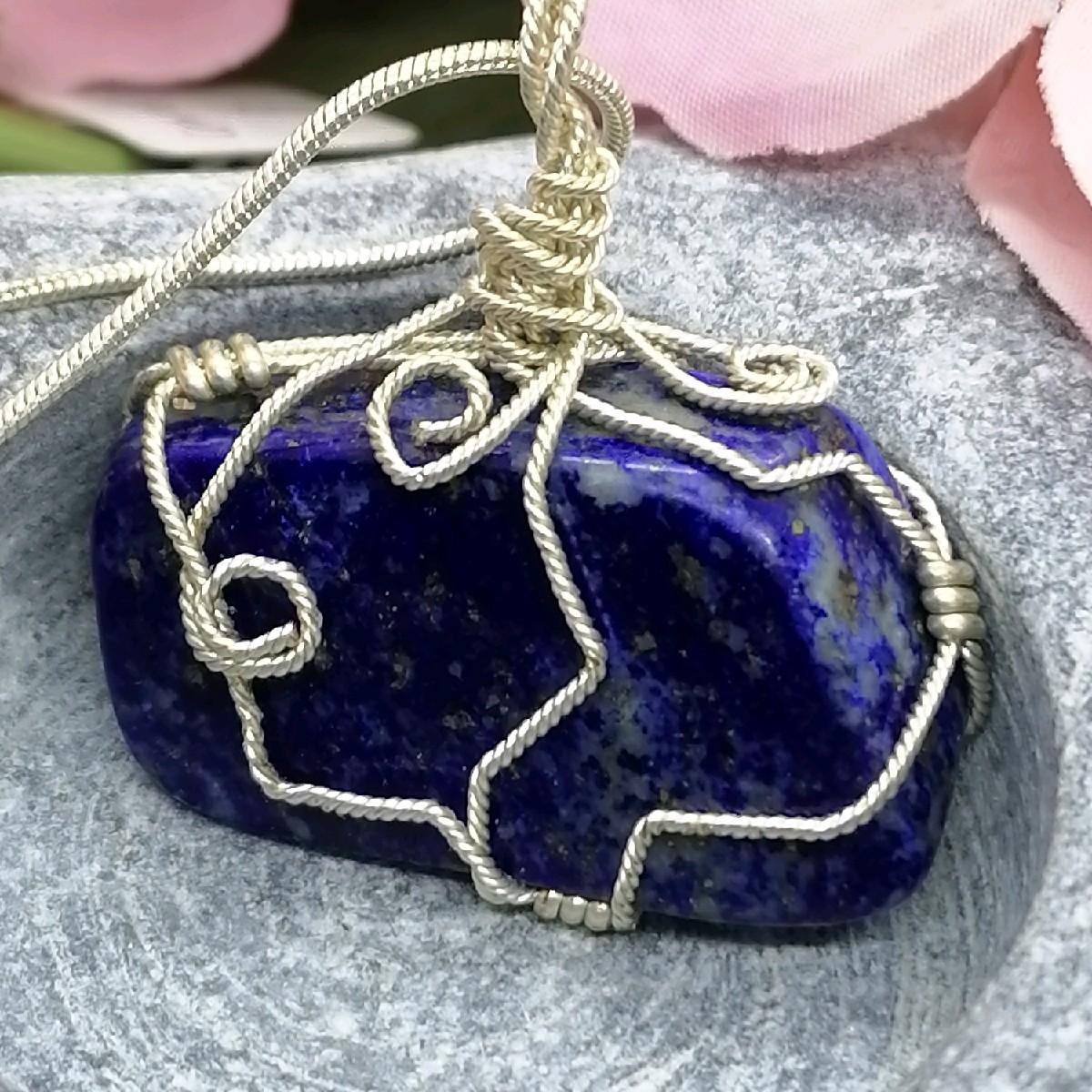 Lapis Lazuli Necklace – Wire Wrapped Gemstone Pendant on Sterling Silver Chain