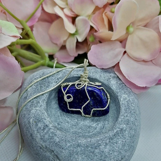 Lapis Lazuli Necklace – Wire Wrapped Gemstone Pendant on Sterling Silver Chain
