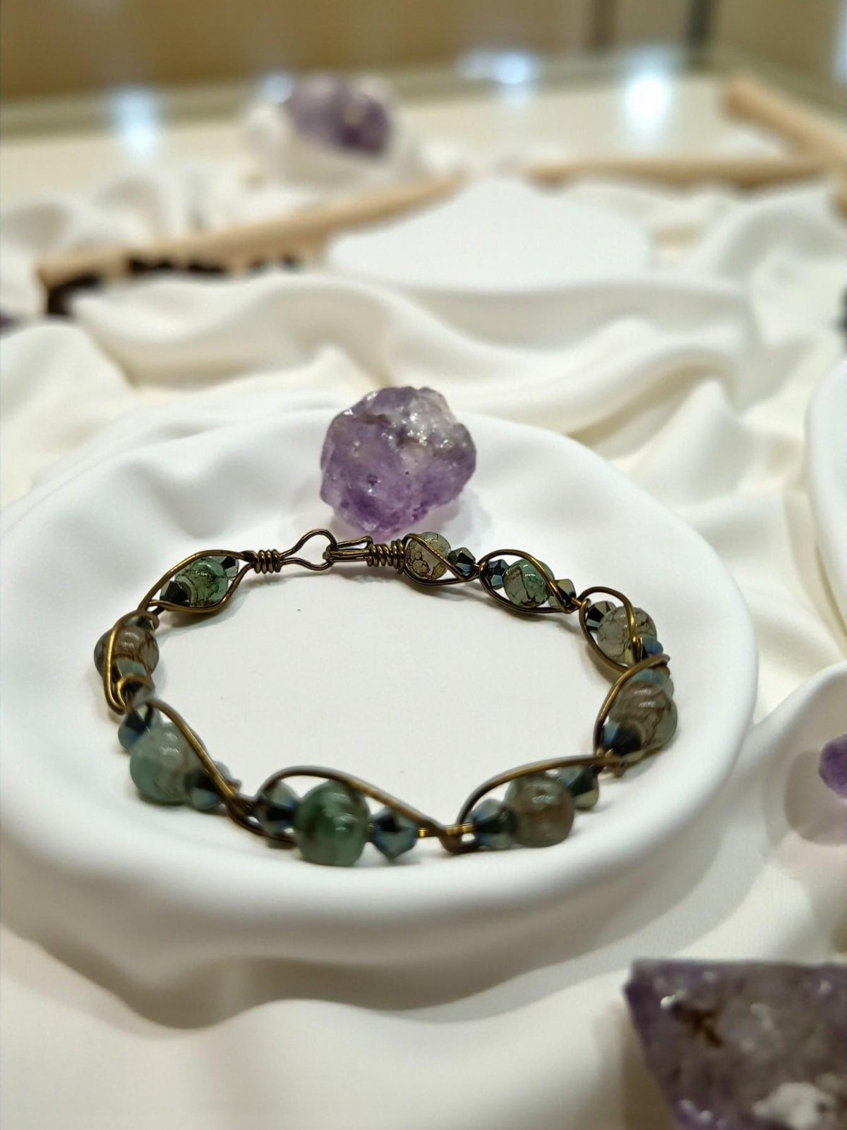 Antique Style Bronze Wire Wrapped Beaded Bangle