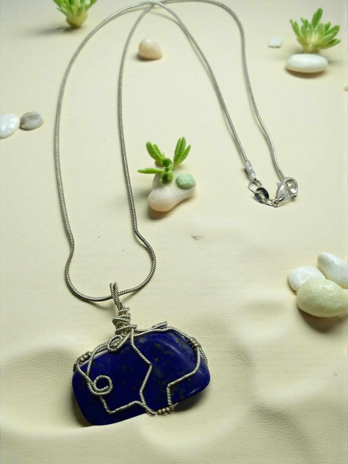 Lapis Lazuli Necklace – Wire Wrapped Gemstone Pendant on Sterling Silver Chain