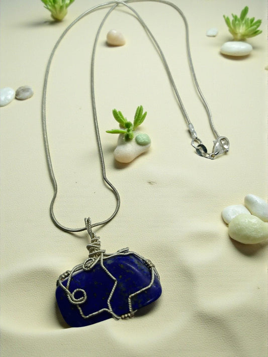 Lapis Lazuli Necklace – Wire Wrapped Gemstone Pendant on Sterling Silver Chain