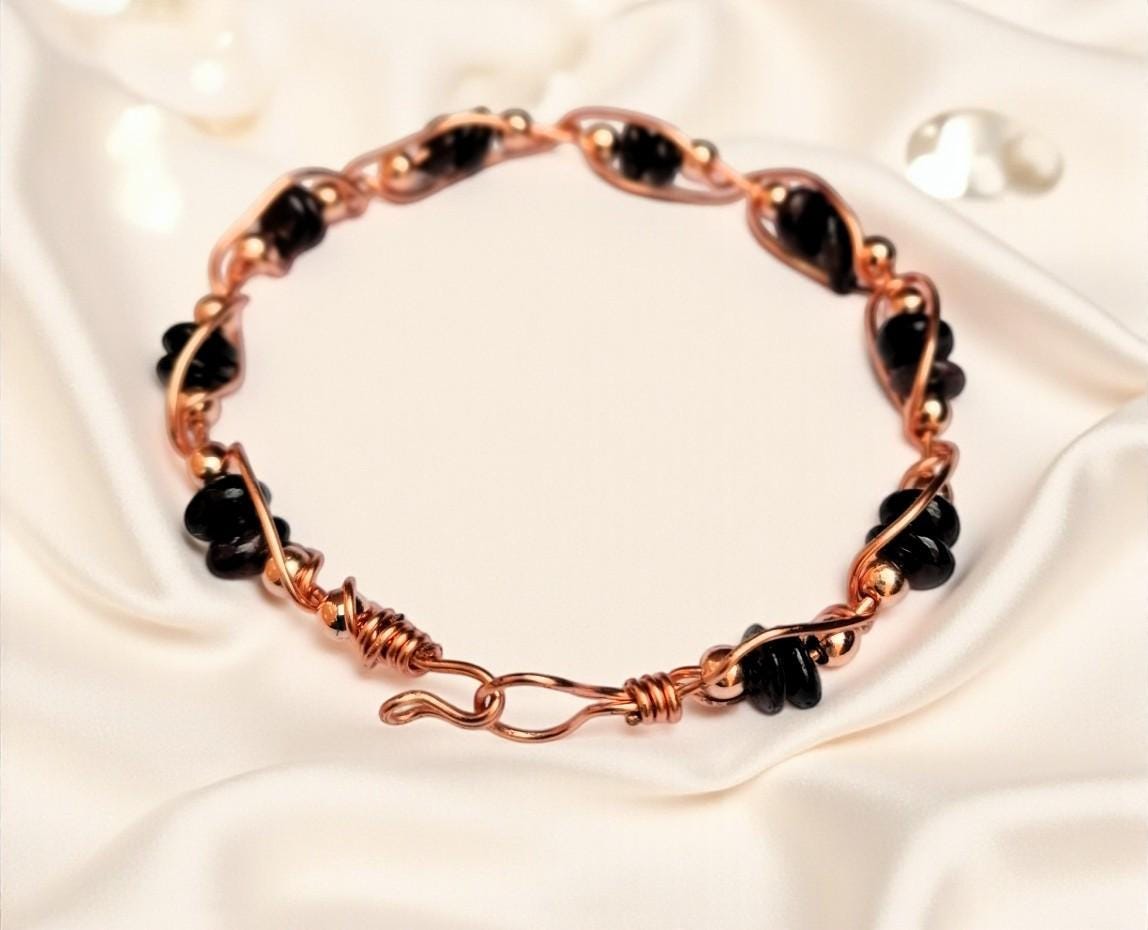 Copper Wire Wrapped Bangle with Garnet Gemstones