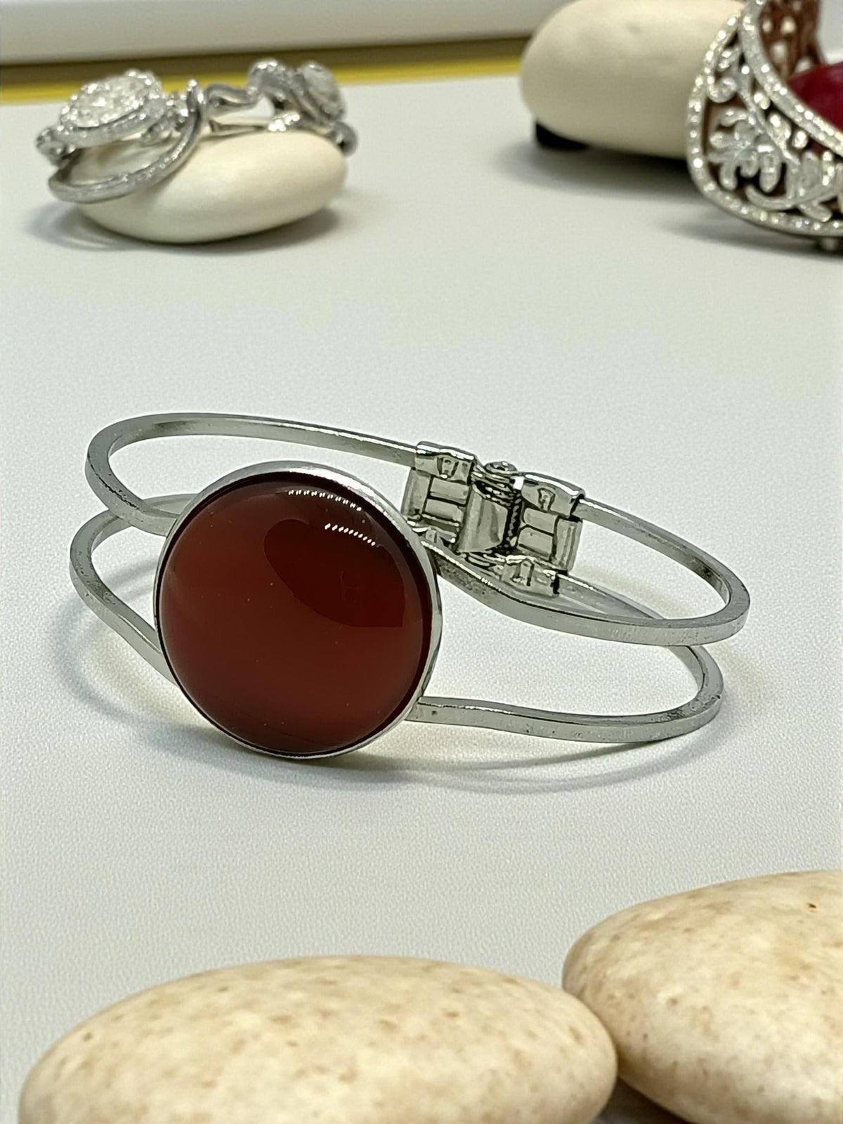 Natural  Carnelian Bracelet – Silver Plated Round Gemstone Bangle