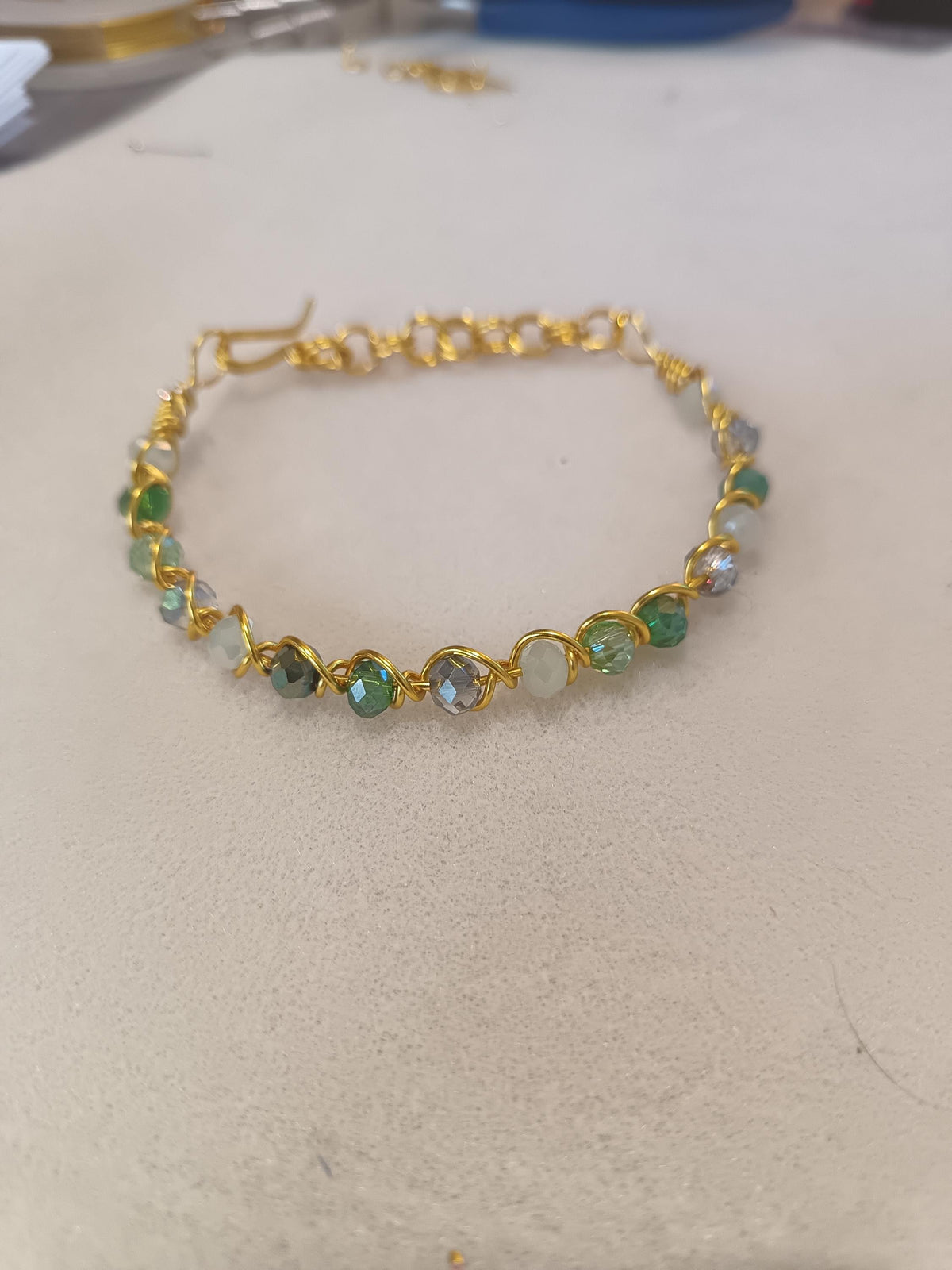 Gold Wire Wrapped Bangle with Green Beads | Bracelet | Gift for Her
