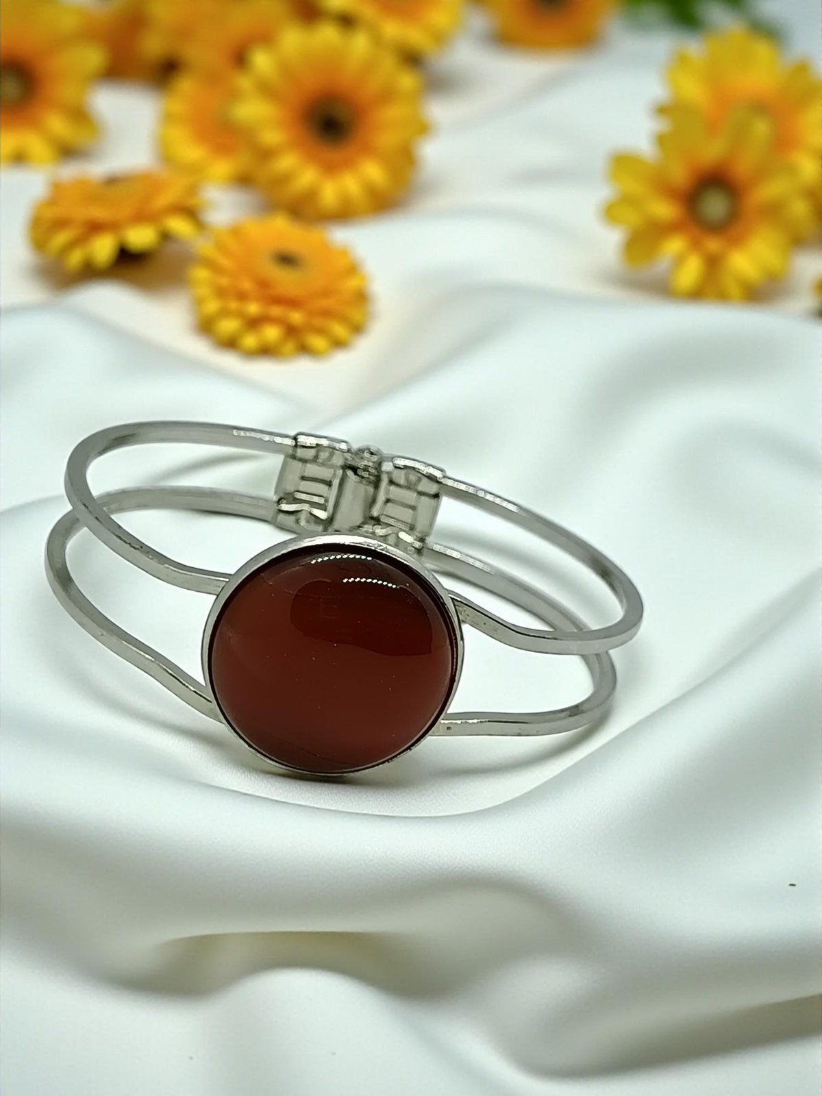 Natural  Carnelian Bracelet – Silver Plated Round Gemstone Bangle