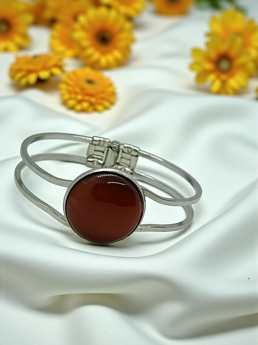 Natural  Carnelian Bracelet – Silver Plated Round Gemstone Bangle