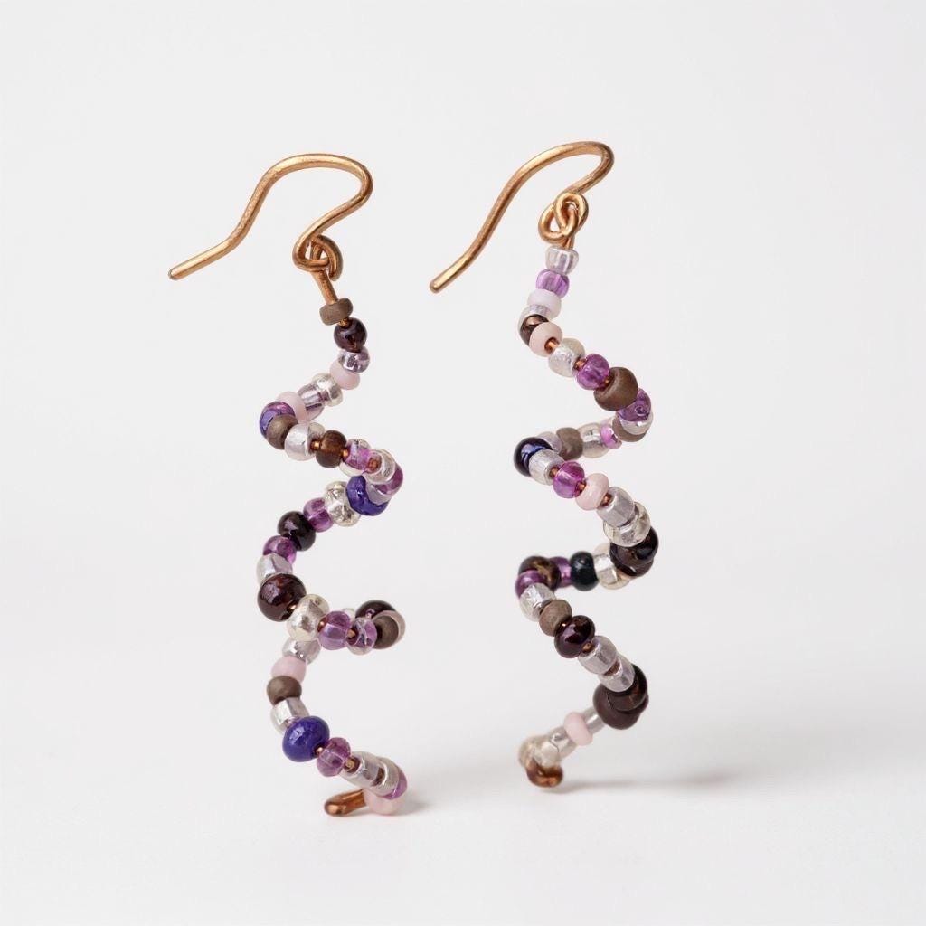 Purple Spiral Wire Wrapped Beaded Dangle Earrings
