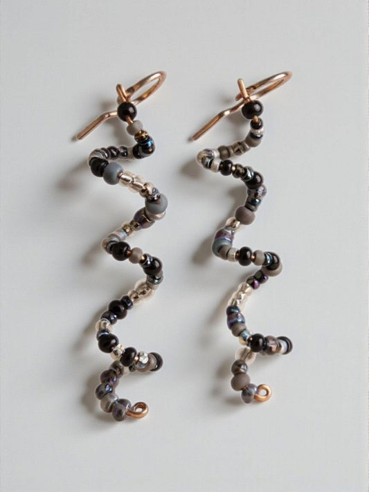 Black tone  Spiral Wire Wrapped Beaded Dangle Earrings