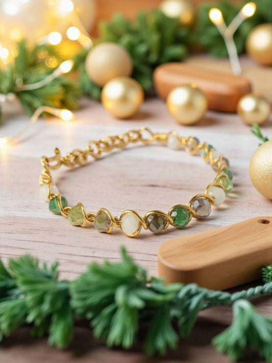 Gold Wire Wrapped Bangle with Green Beads | Bracelet | Gift for Her