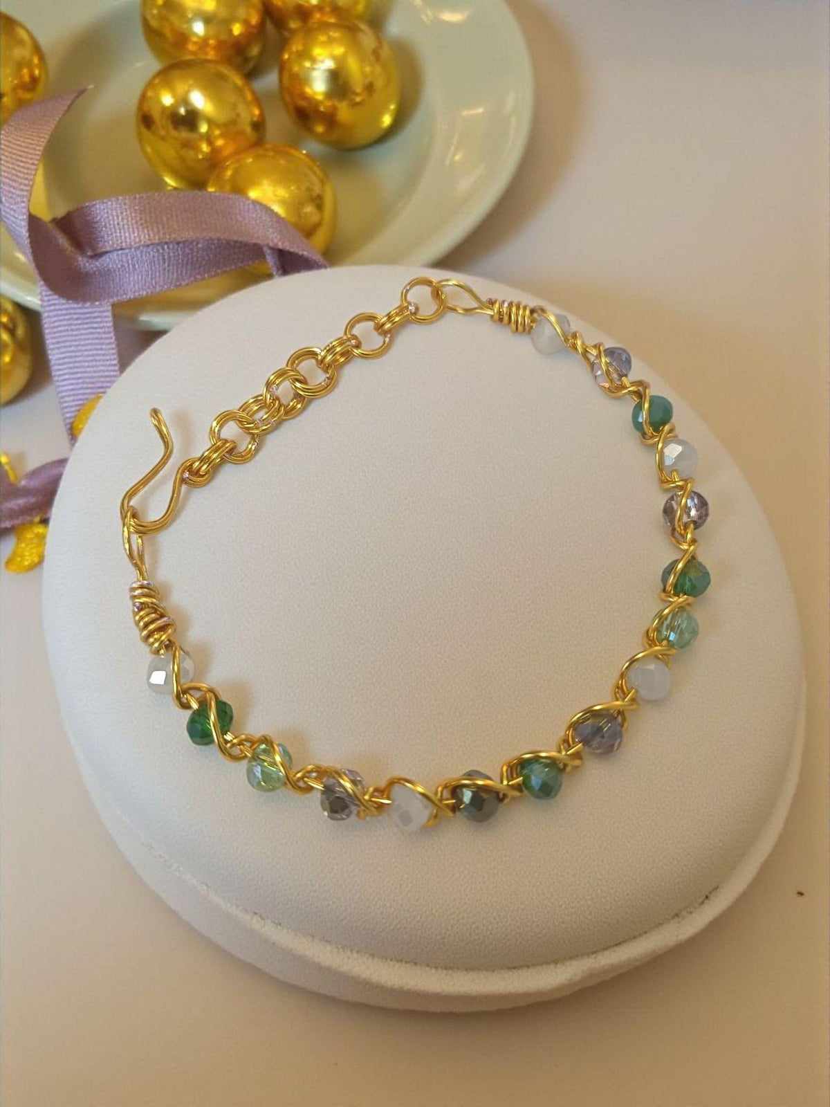 Gold Wire Wrapped Bangle with Green Beads | Bracelet | Gift for Her