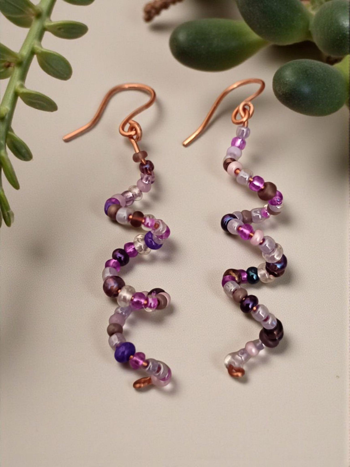 Purple Spiral Wire Wrapped Beaded Dangle Earrings