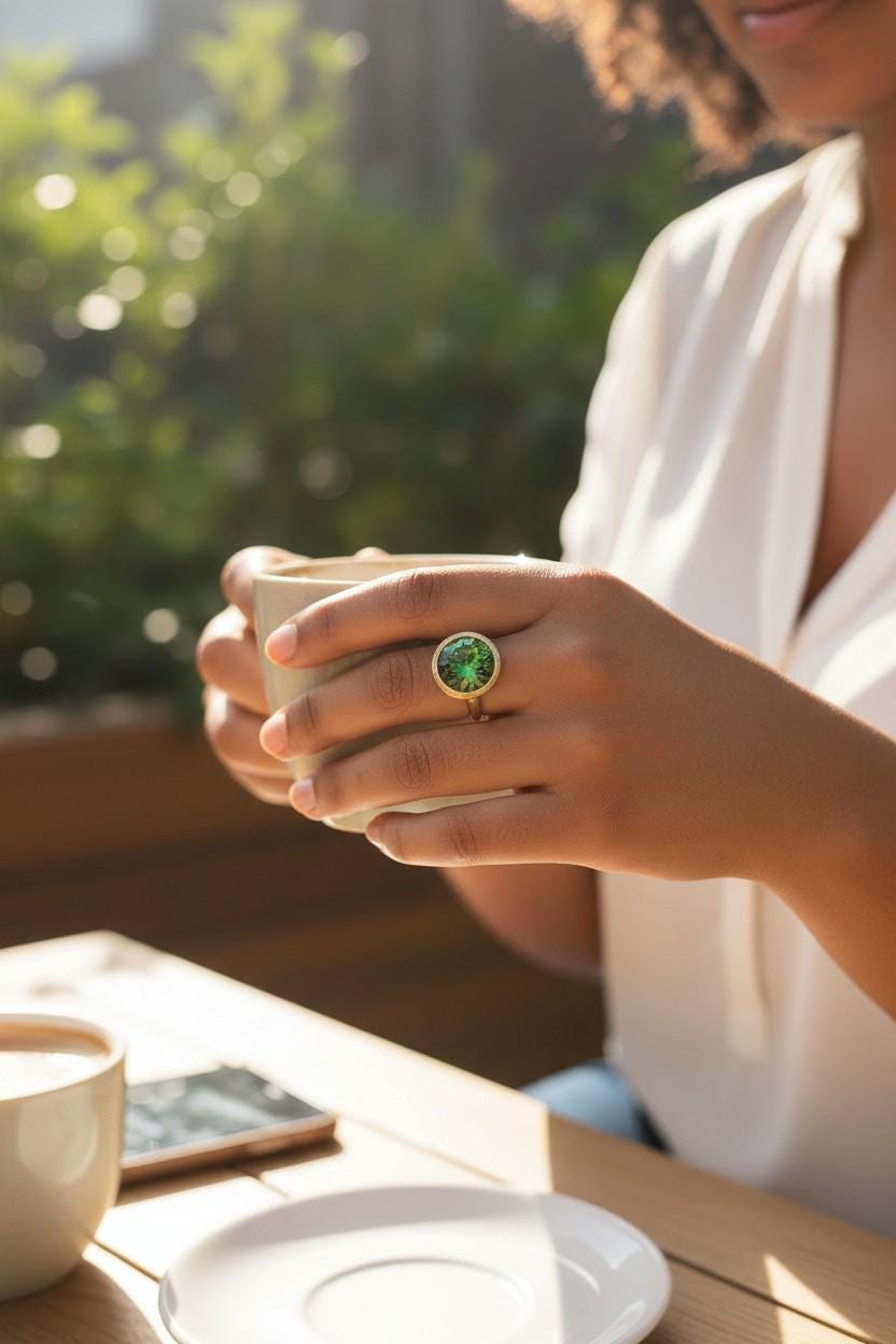 Gold Tone Green Rivoli Ring