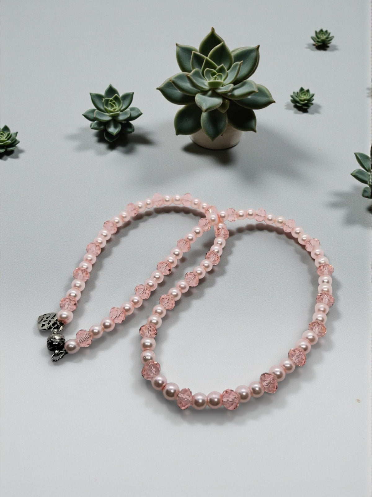 Elegant Pink Faux Pearl and Crystal Necklace