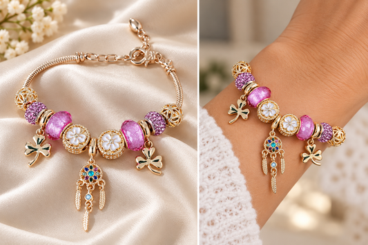 Gold-Plated Purple/pink Charm Bracelet – Gift Boxed