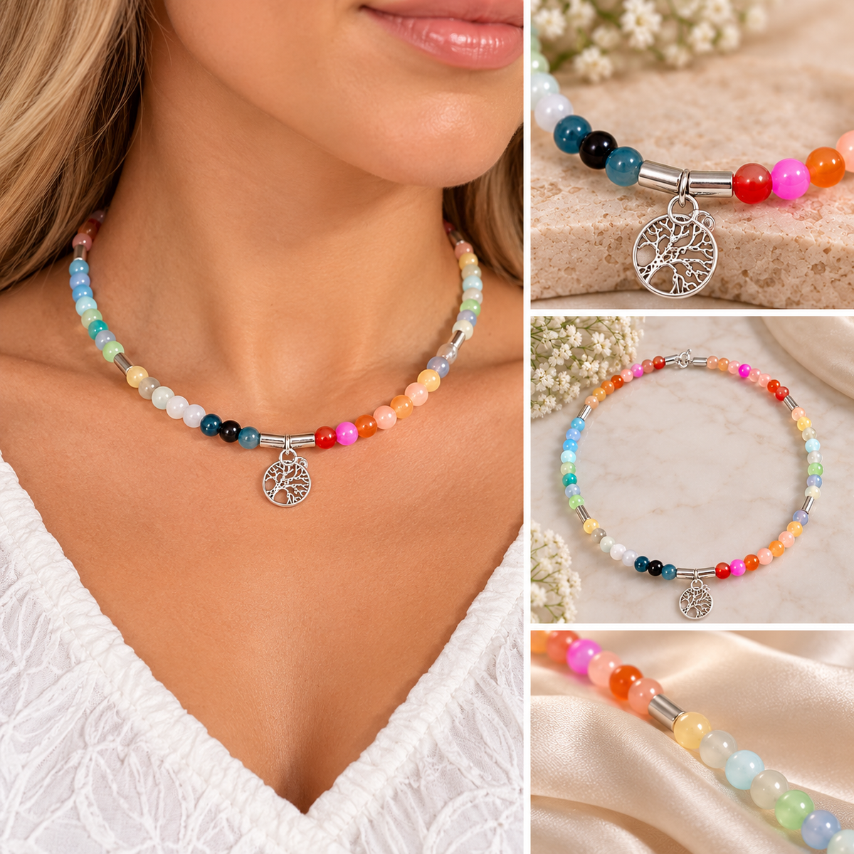 Rainbow Beaded Tree of Life Necklace