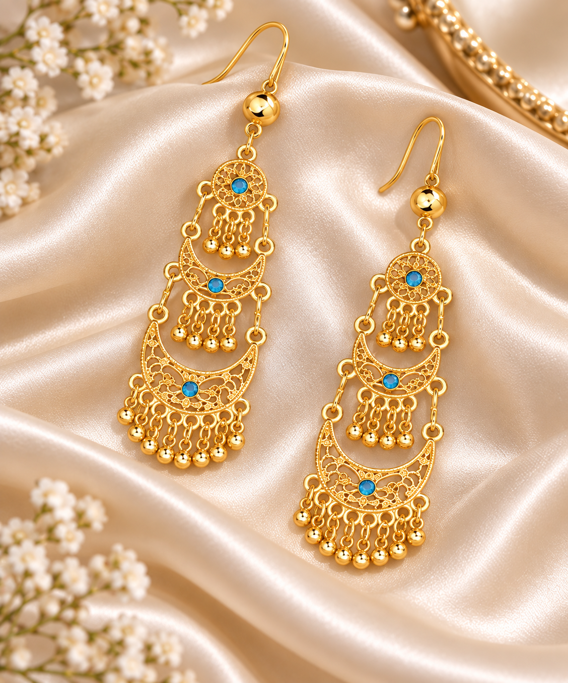 Gold Filigree Chandelier Drop Earrings with Turquoise Stones