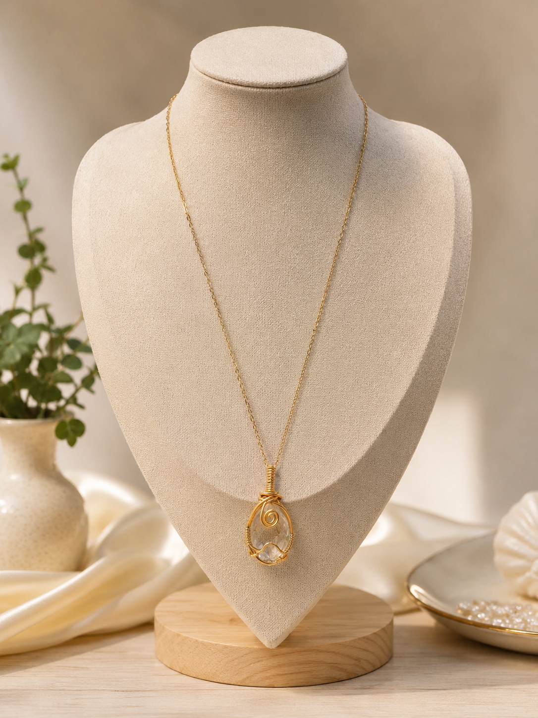 Gold Wire-Wrapped Clear Crystal Pendant Necklace – Handmade