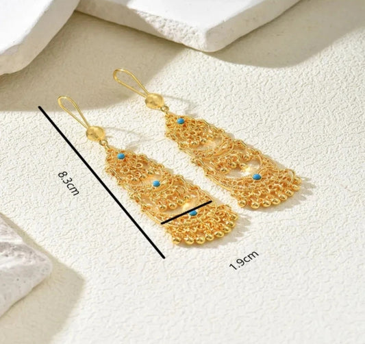 Gold Filigree Chandelier Drop Earrings with Turquoise Stones