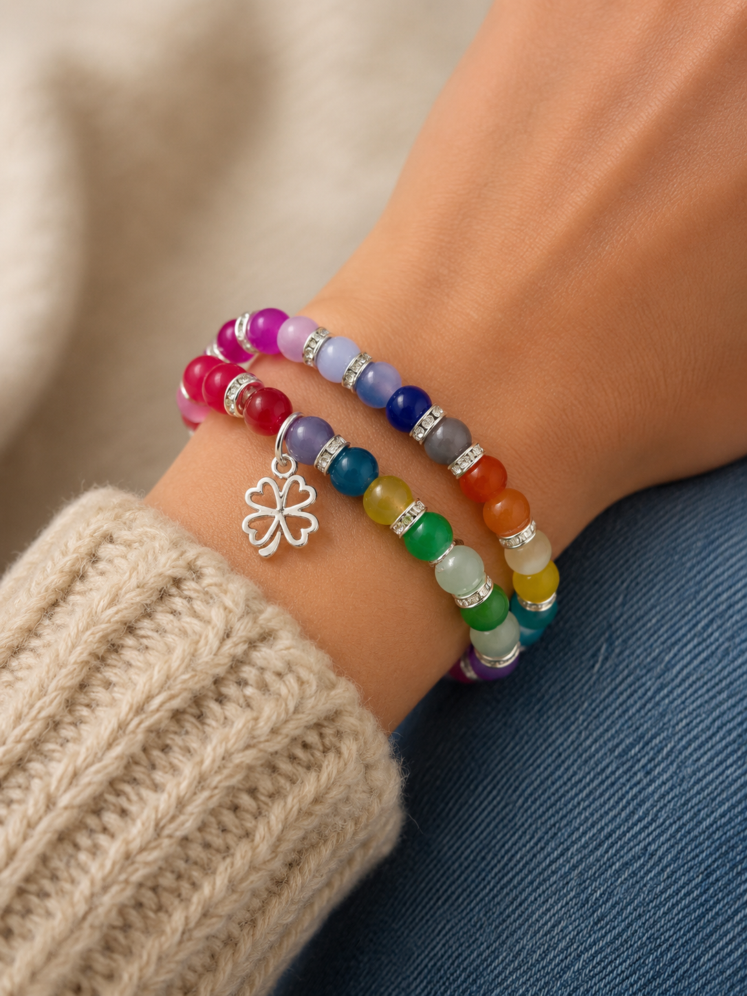 Rainbow Lucky Charm Bracelet Set – Handmade Multicolour Glass Bead Memory Wire