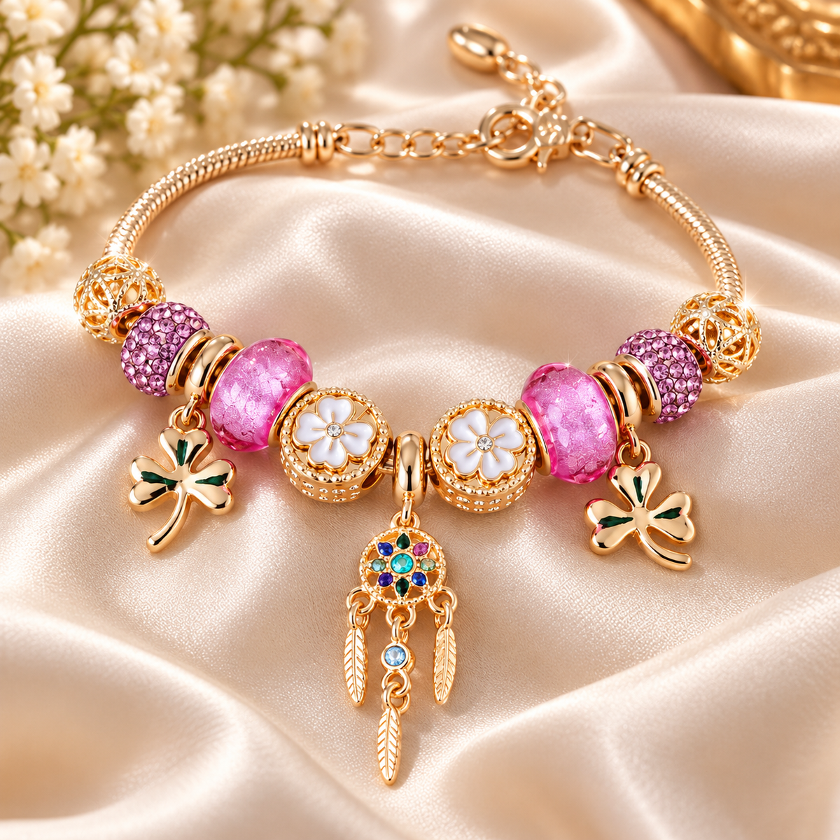 Gold-Plated Purple/pink Charm Bracelet – Gift Boxed
